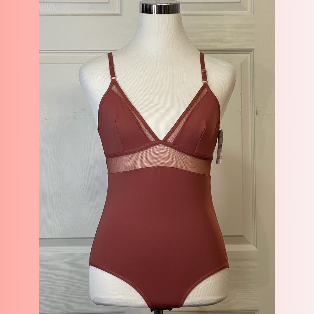 Rust Colored Shapewear Bodysuit with Sheer Top and Plunging Neckline